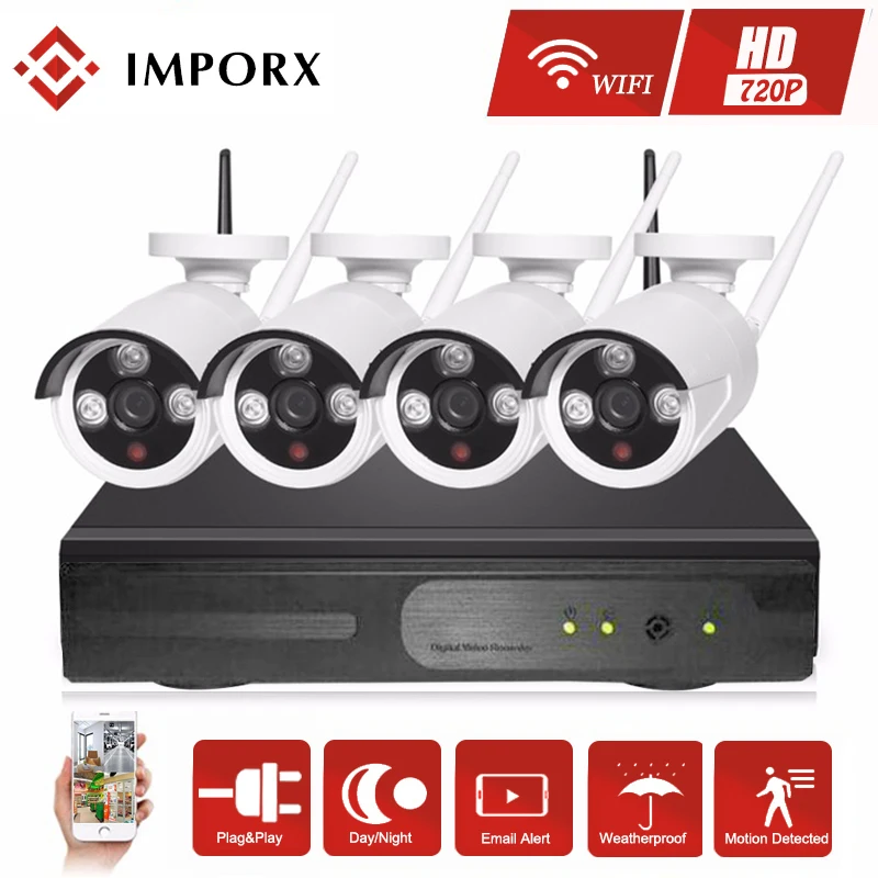 IMPORX 4CH Беспроводная CCTV система 720P ТБ 4 шт. 1.0MP NVR IP IR CUT наружная камера безопасности