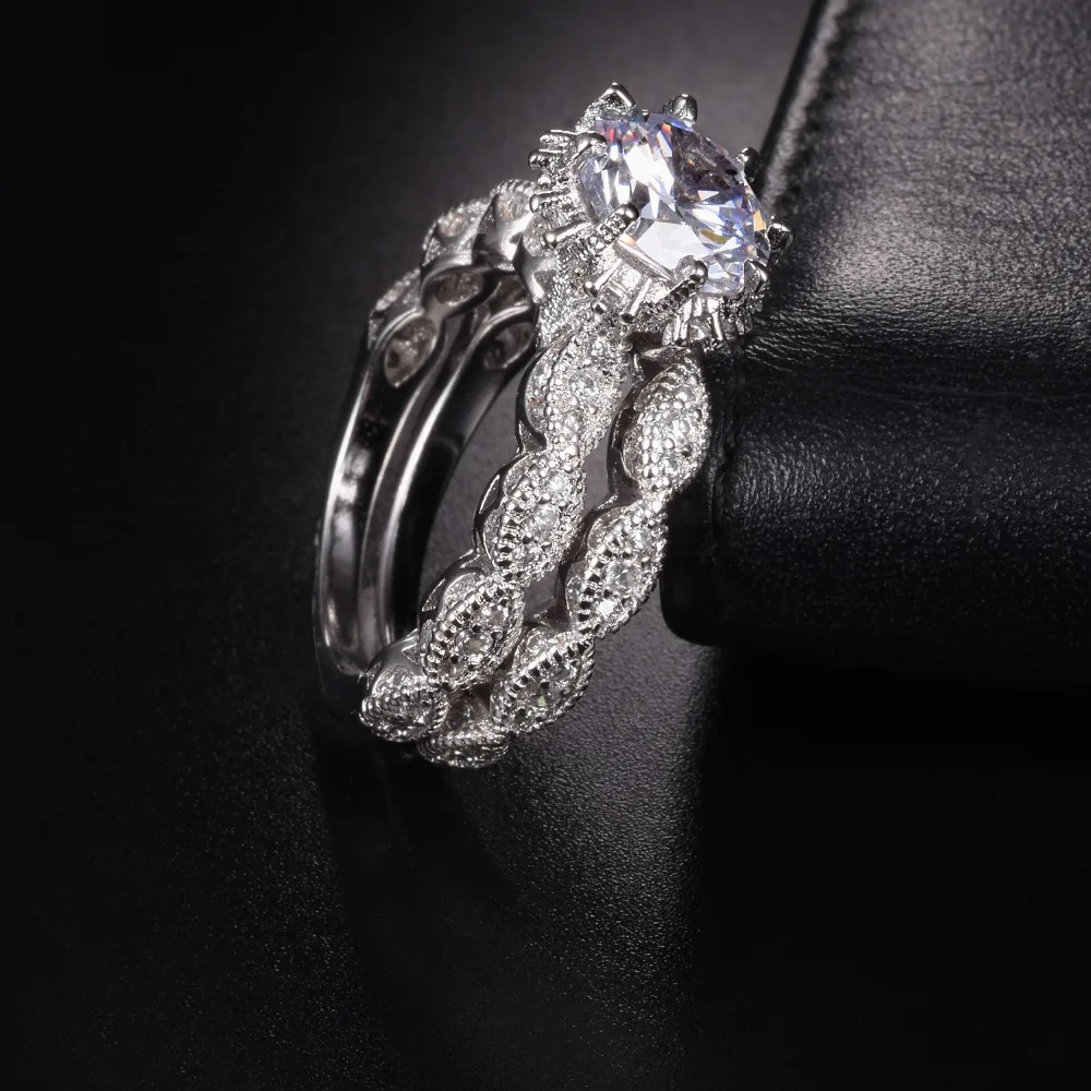 Роскошный цветок 3ct Имитация Diamond Ring 2-в-1 Серебро 925 пробы Jewelry Обручение набор обручальных колец для Для женщин