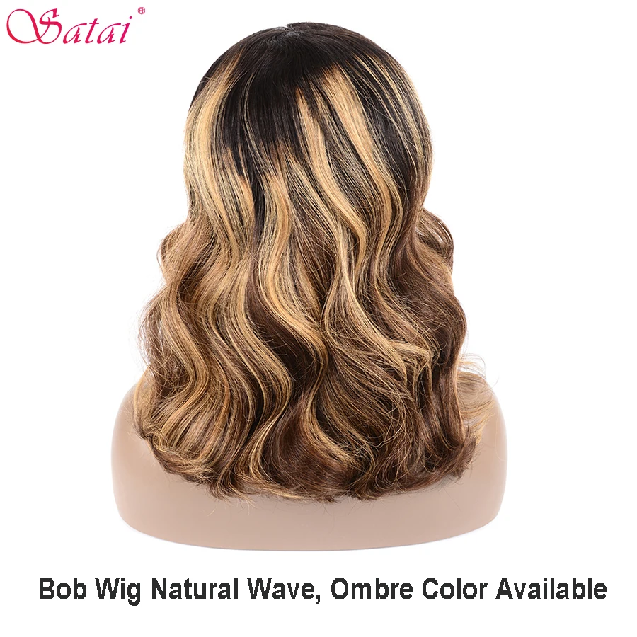 Satai короткий боб парики натуральная волна парик фронта шнурка человеческих волос