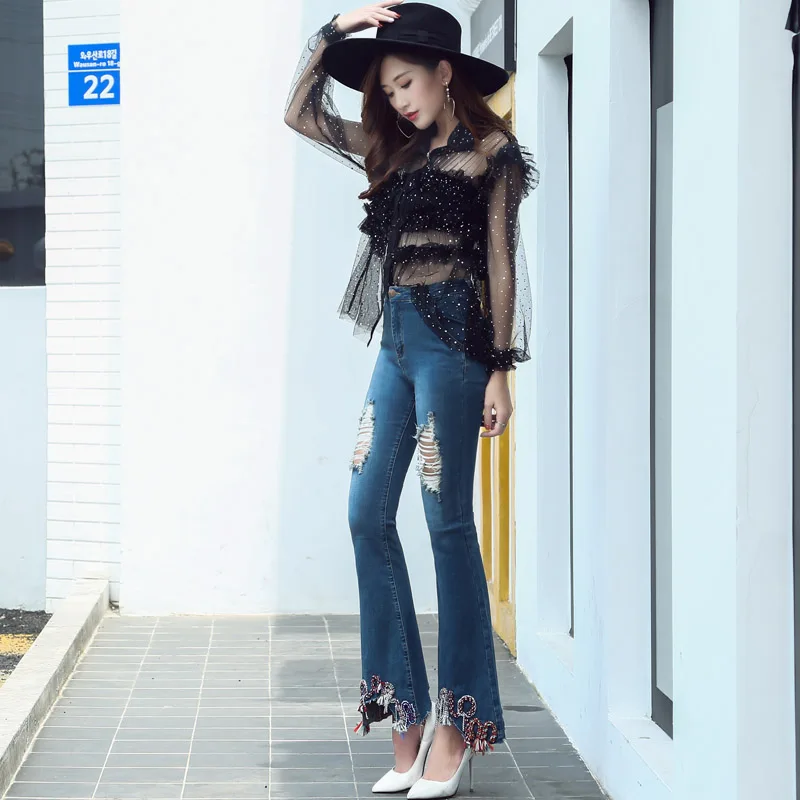 Распродажа женские рваные джинсы модные расклешенные для женщин джинсовые брюки