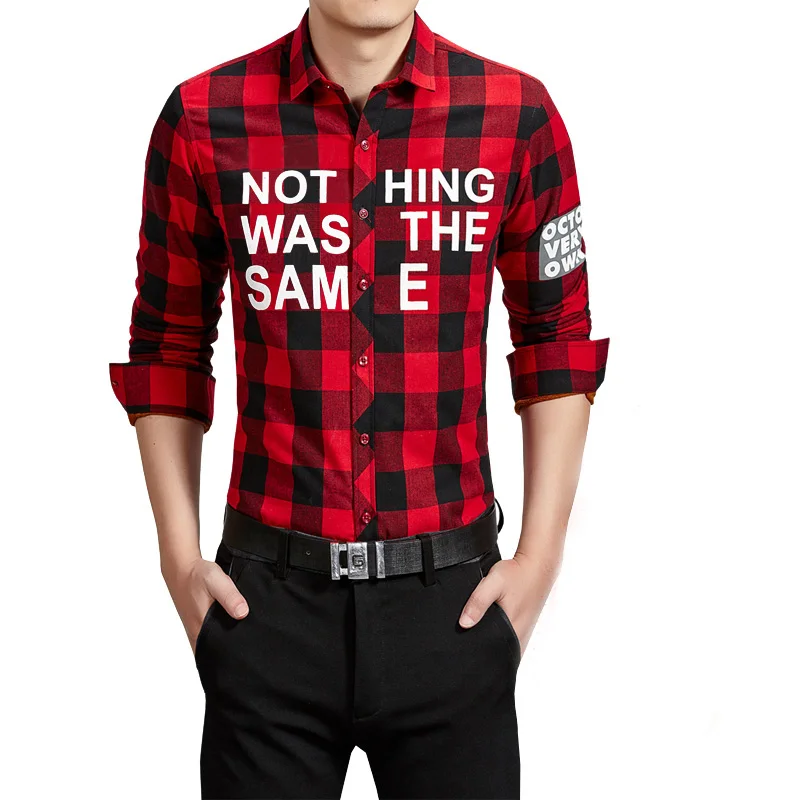 

Мужская клетчатая рубашка с длинными рукавами, Модная Тонкая Повседневная рубашка с буквенным принтом, высокое качество, Осень-зима 2020