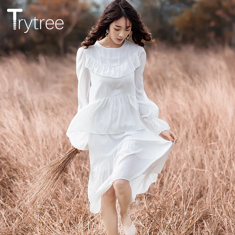 Осеннее элегантное женское платье Trytree с многослойными оборками шелковистое