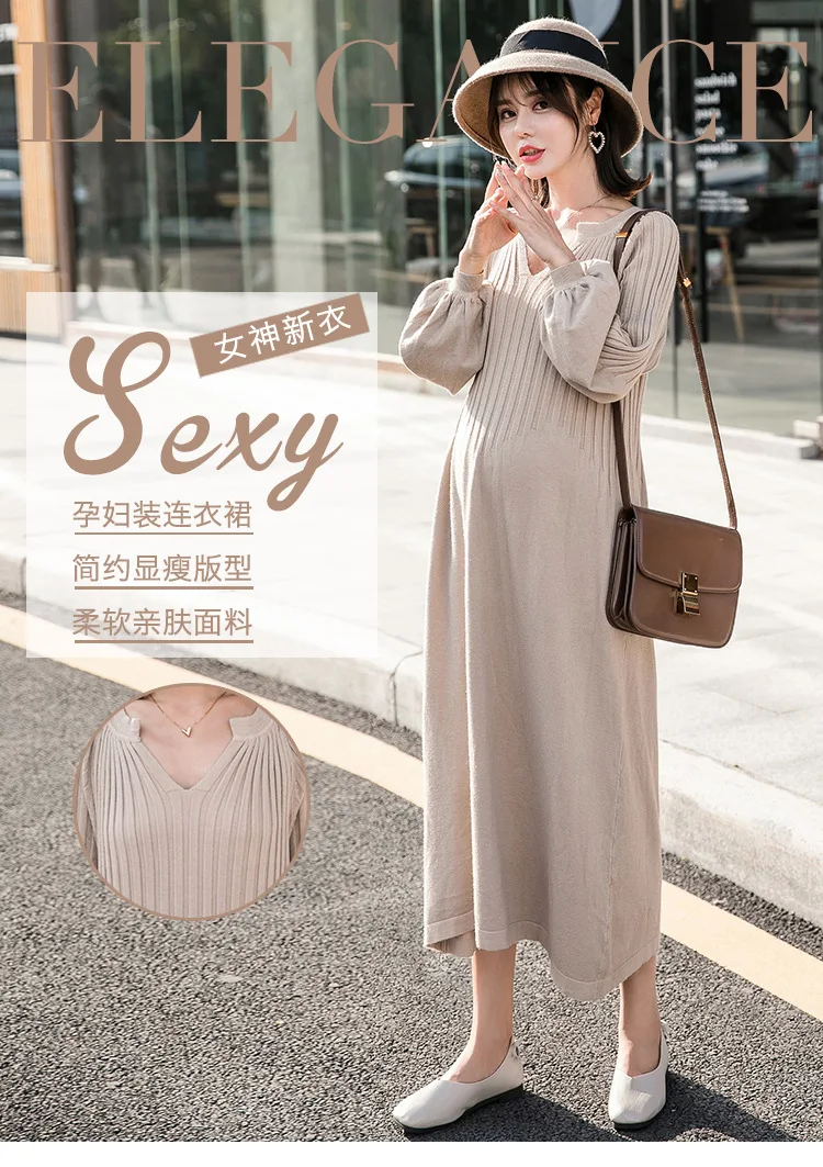 

Large Size Autumn Winter Loose Knit Knitted Maternity Sweater Dress Elegant Maxi Long Dress for Pregnant Women Maternity Clothes