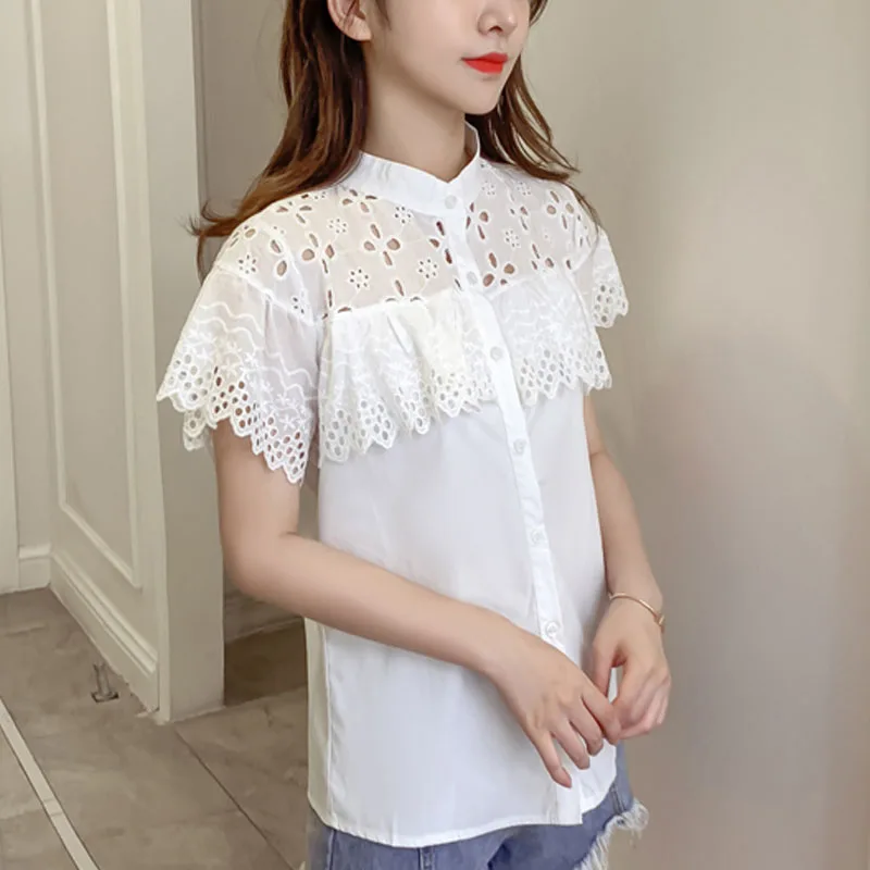 Модные женские топы и блузки 2020 кружевная блузка рубашка белая с коротким
