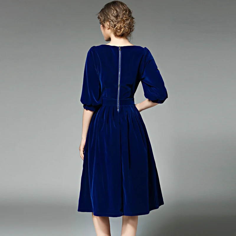 Платье из голубого и Красного бархата, зимние платья для женщин, Vestidos, женское бальное платье с круглым вырезом, вечерние платья Mujer с карманом