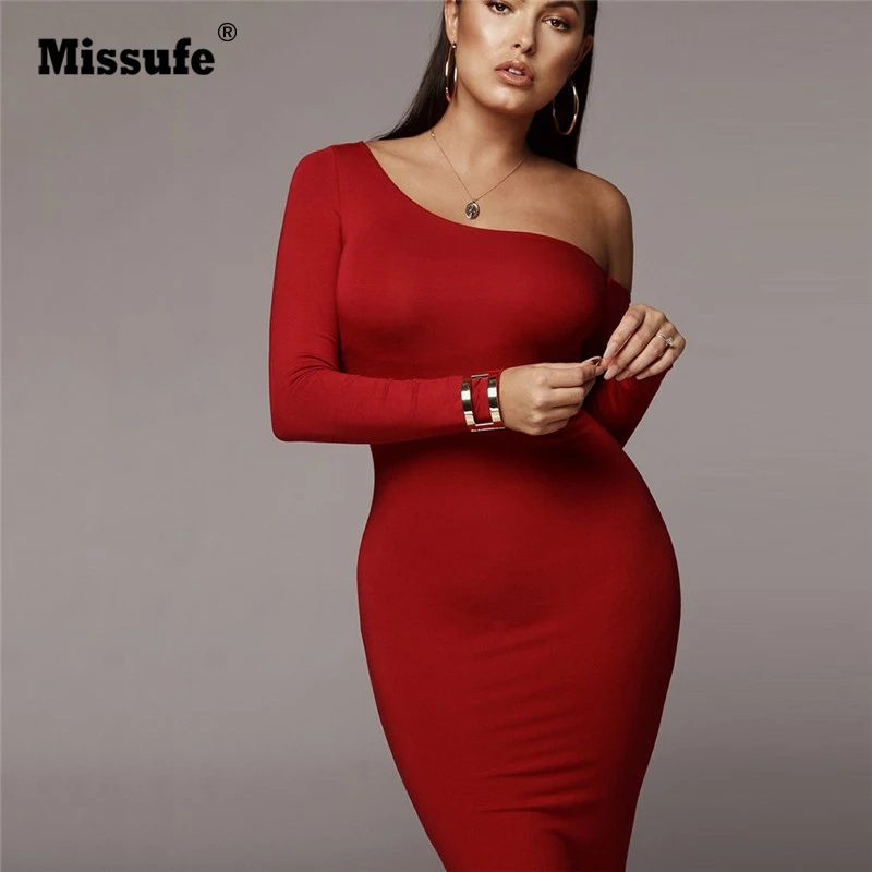 Женское облегающее платье Missufe однотонное красное с вырезом лодочкой и длинным