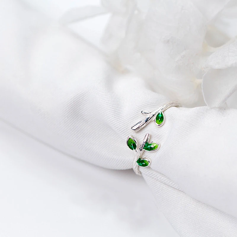 

MloveAcc 925 Sterling Silver Branch Leaves Green Open Finger Rings for Women Fashion Sterling Silver Rings Jewelry