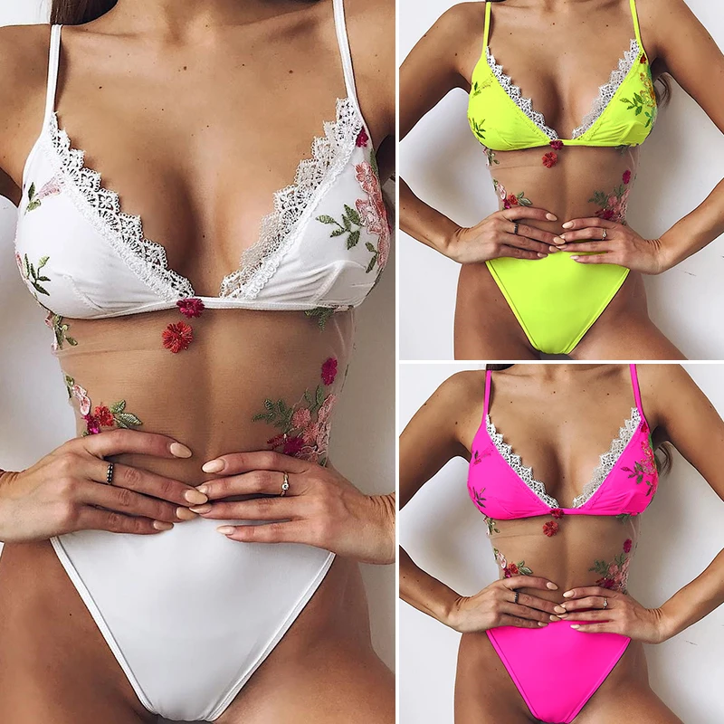 Кружевное сексуальное боди In X цельное Сетчатое Прозрачное Бикини 2019 Цветочный