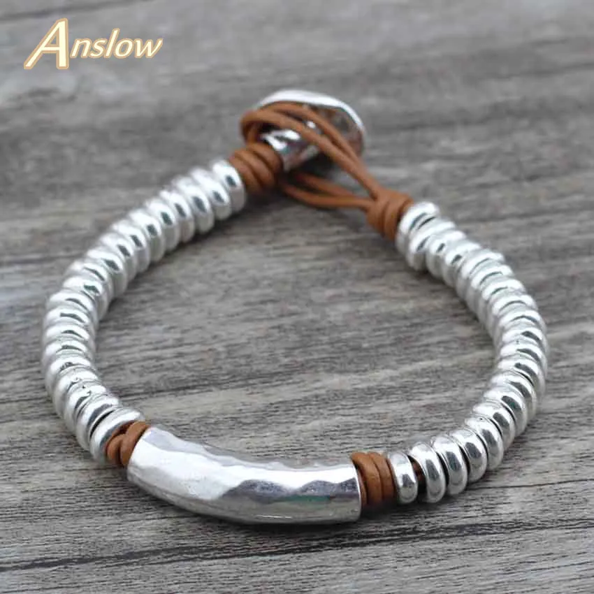 Anslow 2017 Новый Стиль Античный посеребренный браслет с бусинами кожаный для женщин