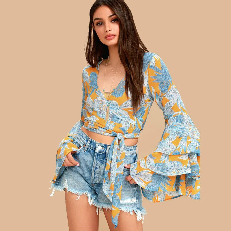 Летняя Вязаная блуза с запахом принтом растений большой колокольчик рукав