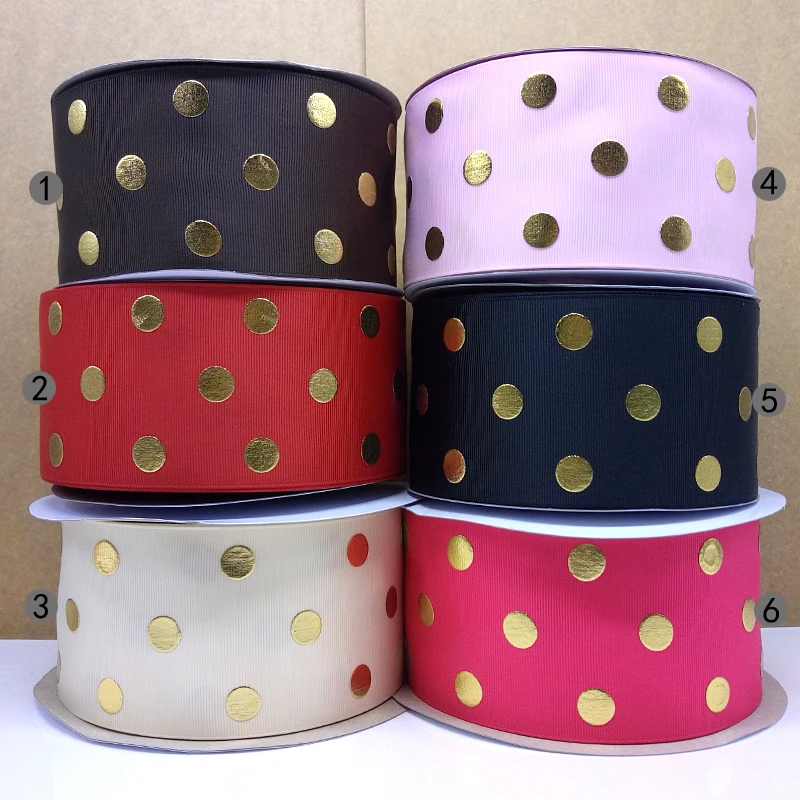 Бесплатная доставка 50 ярдов в цвет Золотая фольга горошек Печать grosgrain ленты | Дом