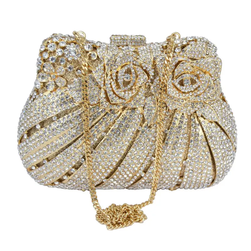 Роскошная вечерняя сумочка с золотым цветком и кристаллами для банкета розами