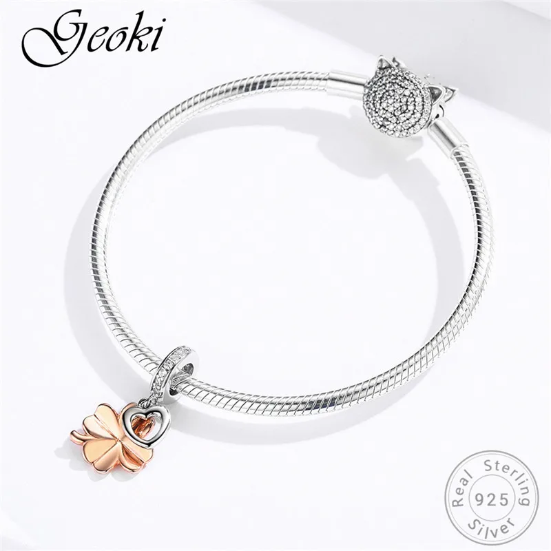 Geoki 925 пробы серебро четыре листа клевера талисманы fit Pandora браслет S925 розовое золото сердце цветок бусины для ювелирных изделий