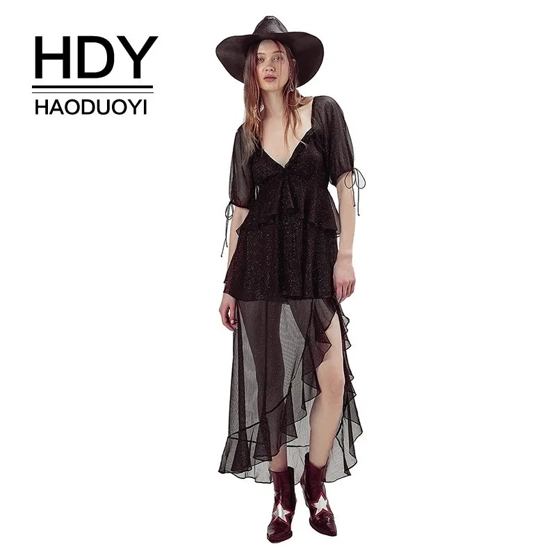 Женское платье до щиколотки HDY Haoduoyi однотонное с глубоким v образным вырезом