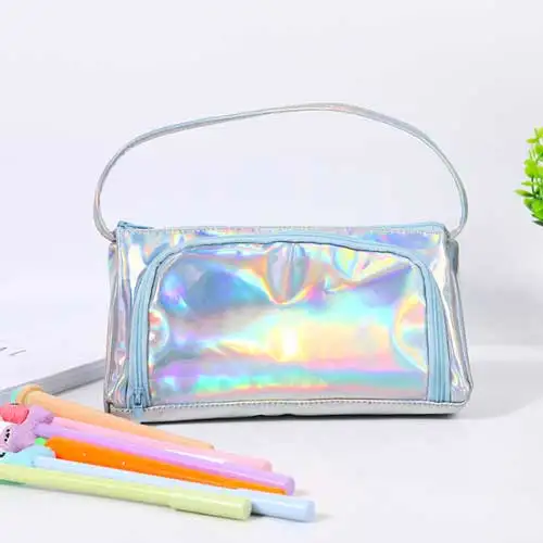 Silver Iridescent Laser School Big Pencil Case for Girls Cute Large Pen Bag pencil box stationery pouch Multifunction school supplies - Цвет: Silver