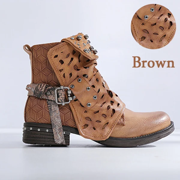 Brown Aphixta/Новинка года; женские ботильоны с заклепками; винтажные кожаные туфли на молнии с круглым носком и пряжкой; женская обувь на высоком квадратном каблуке - Цвет: Brown
