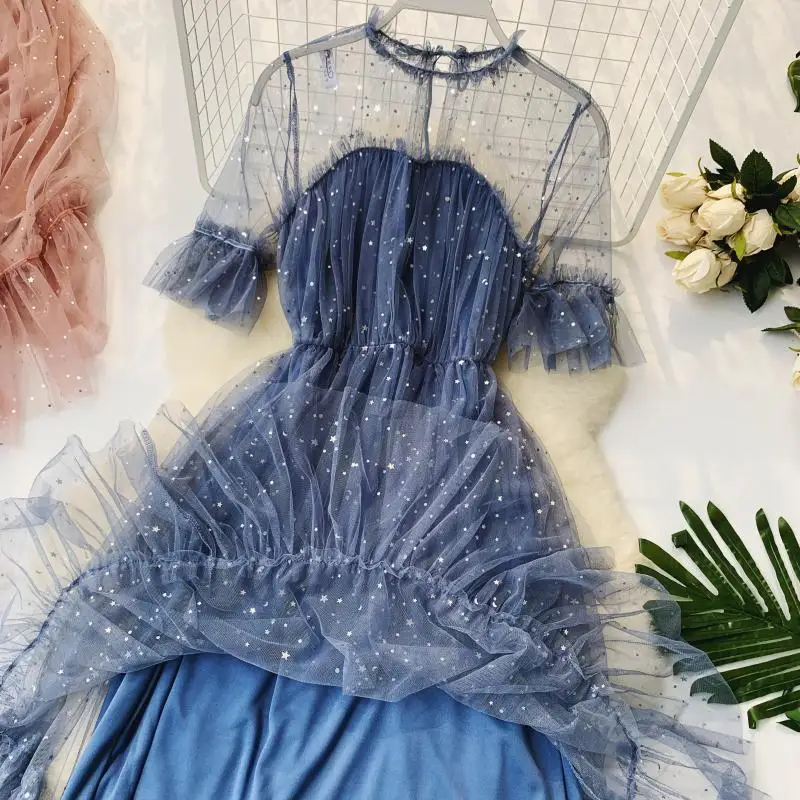 2019 новые модные женские платья Сетчатое блестящее французское Ретро