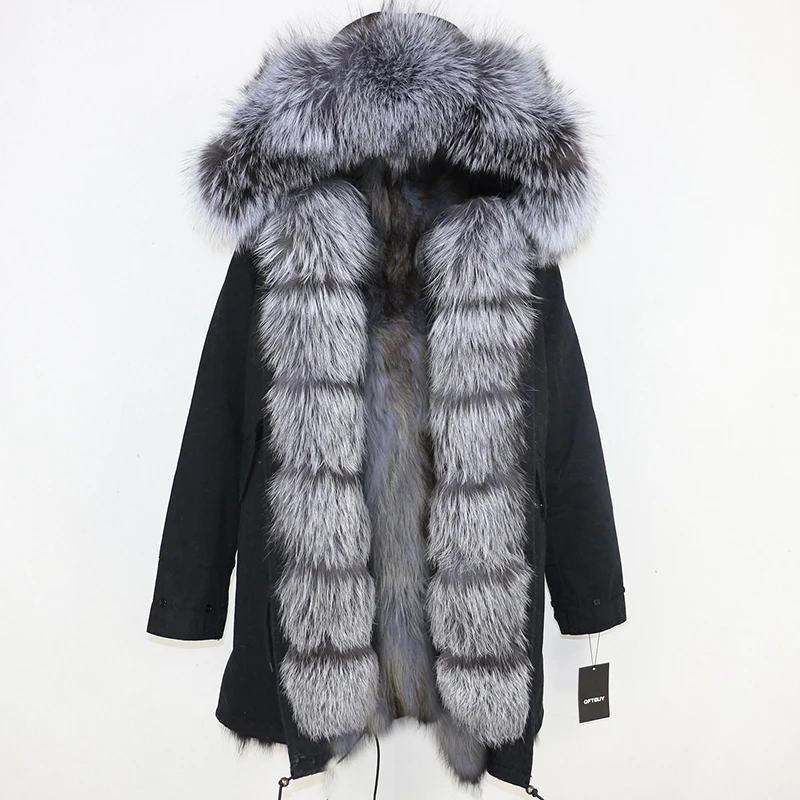 black silver OFTBUY, пальто с натуральным мехом, зимняя куртка, Женская парка, натуральный Лисий мех, уличная одежда, Толстая теплая съемная верхняя одежда, длинные парки, новинка - Цвет: black silver