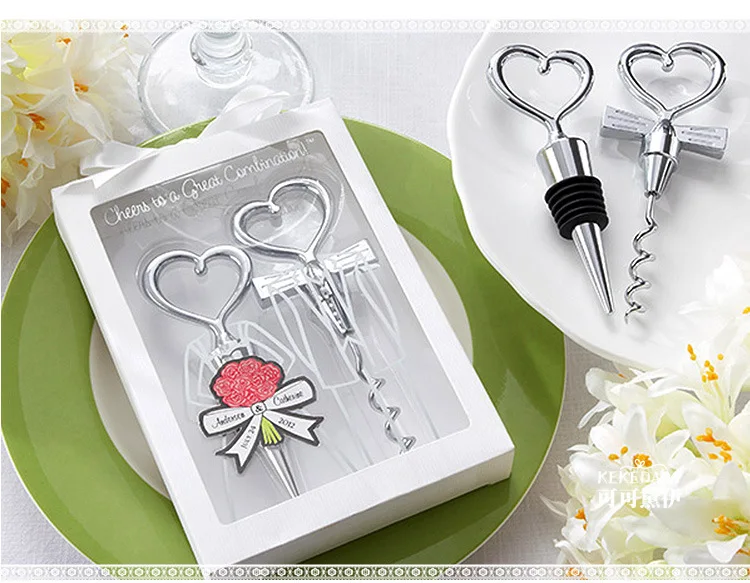 

Free Shipping 100 Pairs Silver couple hearts shaped wine bottle opener corkscrew wedding party favor guest gift wedding supply