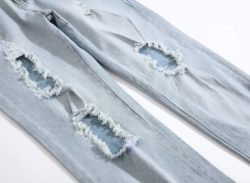 Светло-голубые рваные джинсы для мужчин 2019 модные мужские джинсовые брюки с