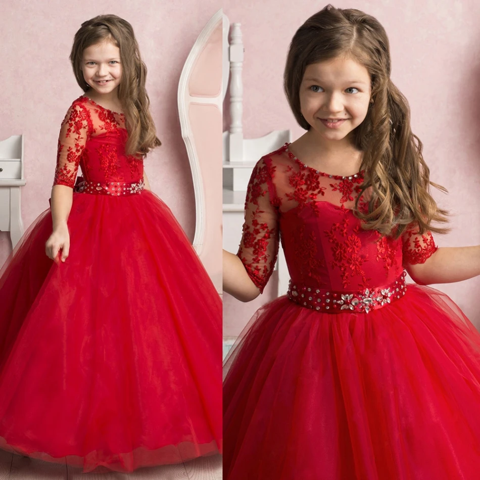 Adorable Red Flower Girl Dresses With Sash Crystals Beaded Collar Graduation Gown Kids Half Sleeves Prom Dress Girls Custom Made | Свадьбы и