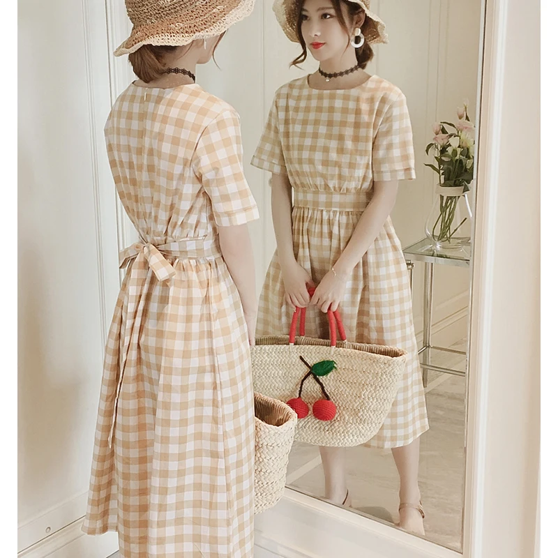 Летнее платье 2018 корейское дамское винтажное желтое клетчатое милое стильное