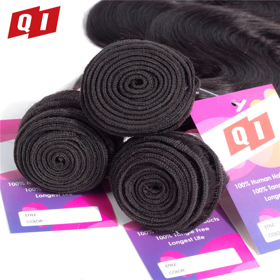 QI Hair Body Wave Brazilian 100% Human Bundles Natural Color 3 With Lace Closure Non Remy Extension | Шиньоны и парики