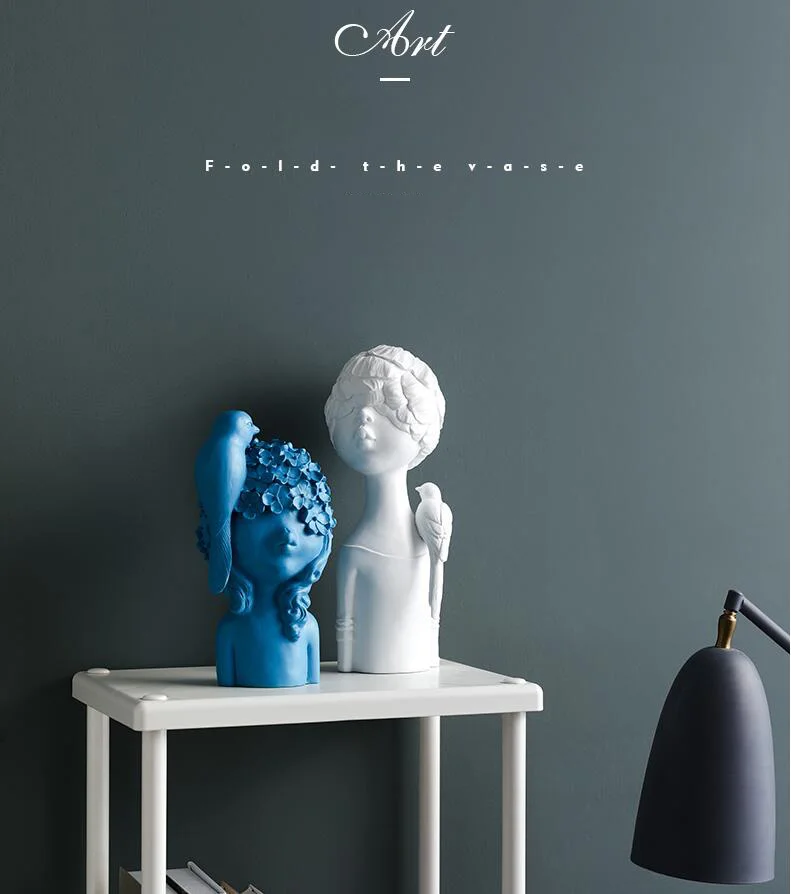Nordic Style Resin Cute Blue White Bird Girls Decorative Figurines Office Livingroom Desktop Statue Home Furnishing Decor Crafts