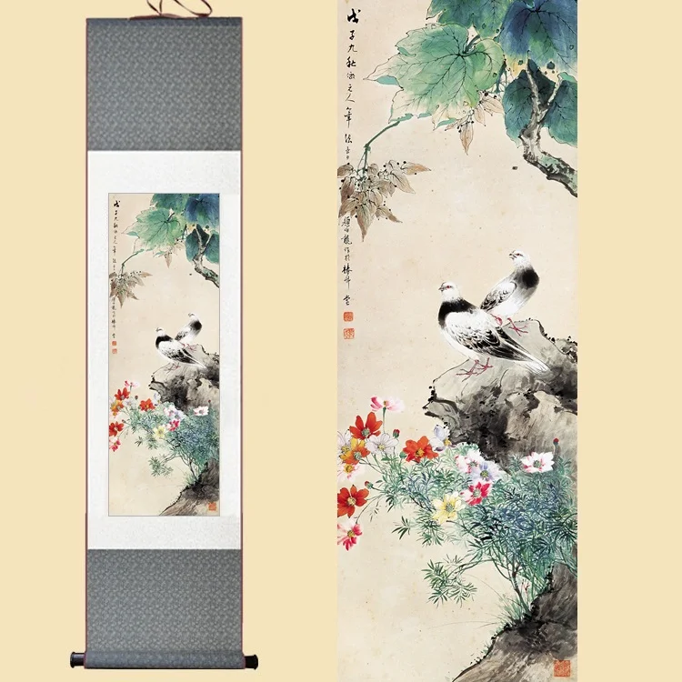 Китайский шелк акварель цветок птица голубь мира Космос фэн шуй чернила