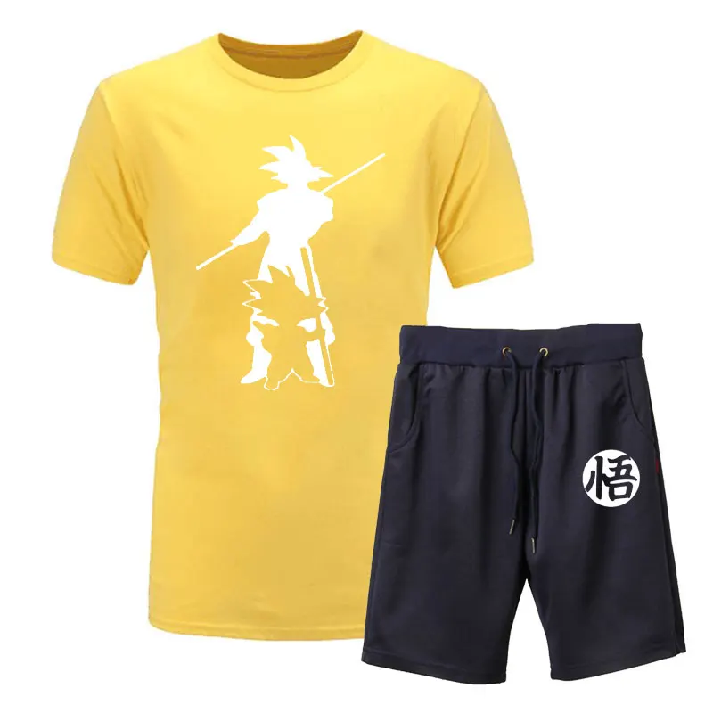 yellow navy 1 Новинка года; летняя футболка с принтом «Жемчуг дракона Z Goku» из 2 предметов+ шорты; футболка с короткими рукавами и круглым вырезом Повседневная брендовая одежда Vegeta Harajuku - Цвет: yellow navy 1