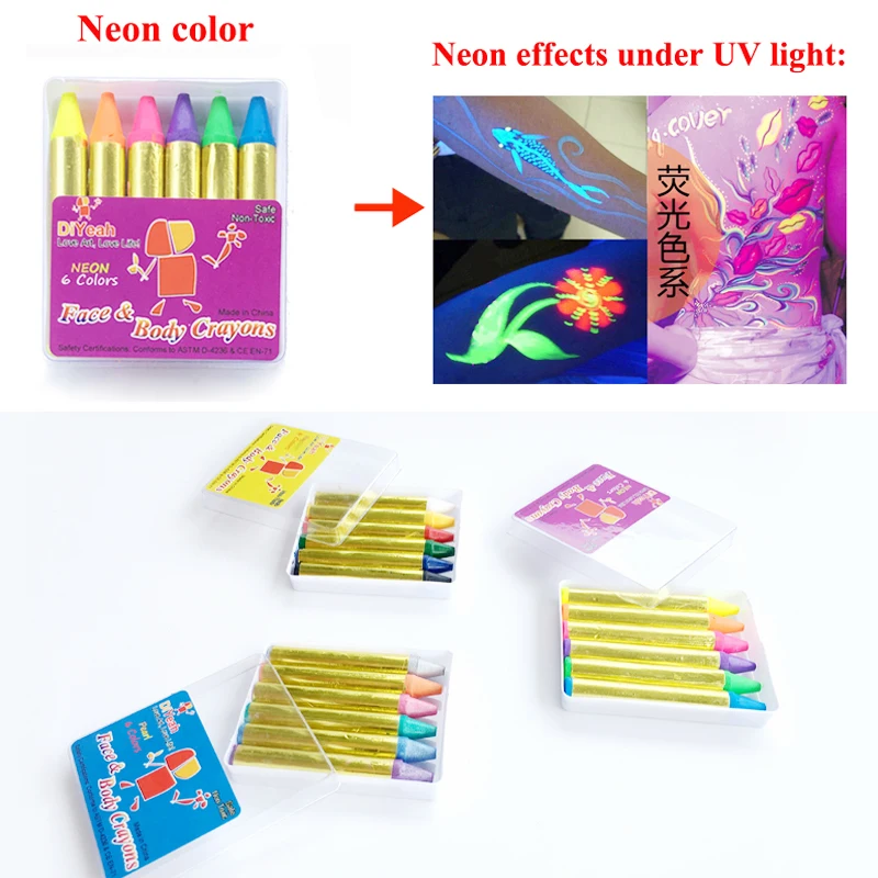 Мини мелки для боди арт флуоресцентные. комплект 6 цветов|body art|face paintbody paint |