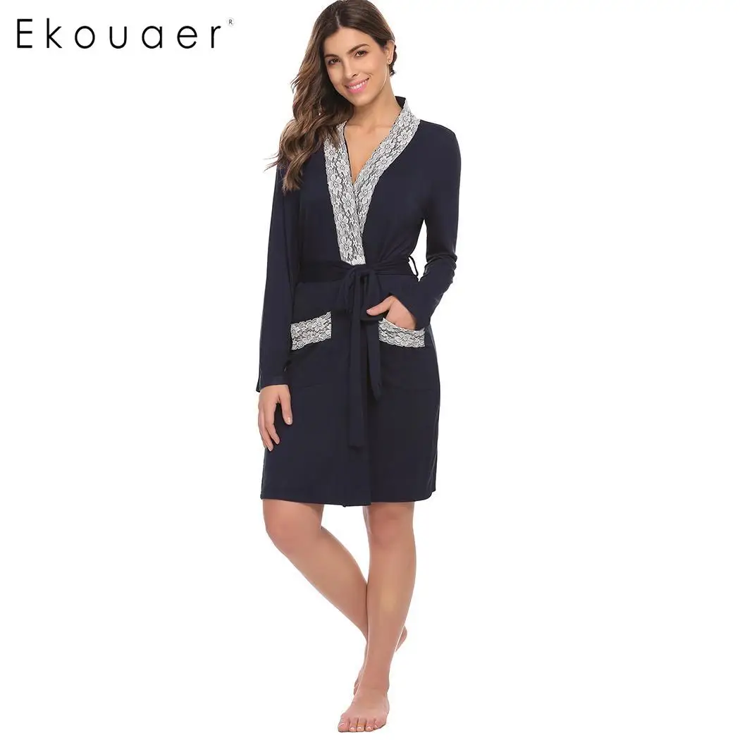 Ekouaer, женская одежда для сна, халаты, длинный рукав, карманы, кружевная отделка, ночное белье, ванная комната, спа, банный халат, халат, женская одежда