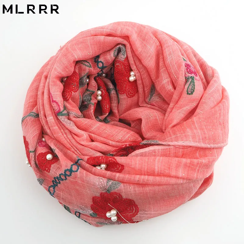 MLRRR new fashion gold powder cotton embroidered pearl long scarf female (turmeric light green watermelon red) |