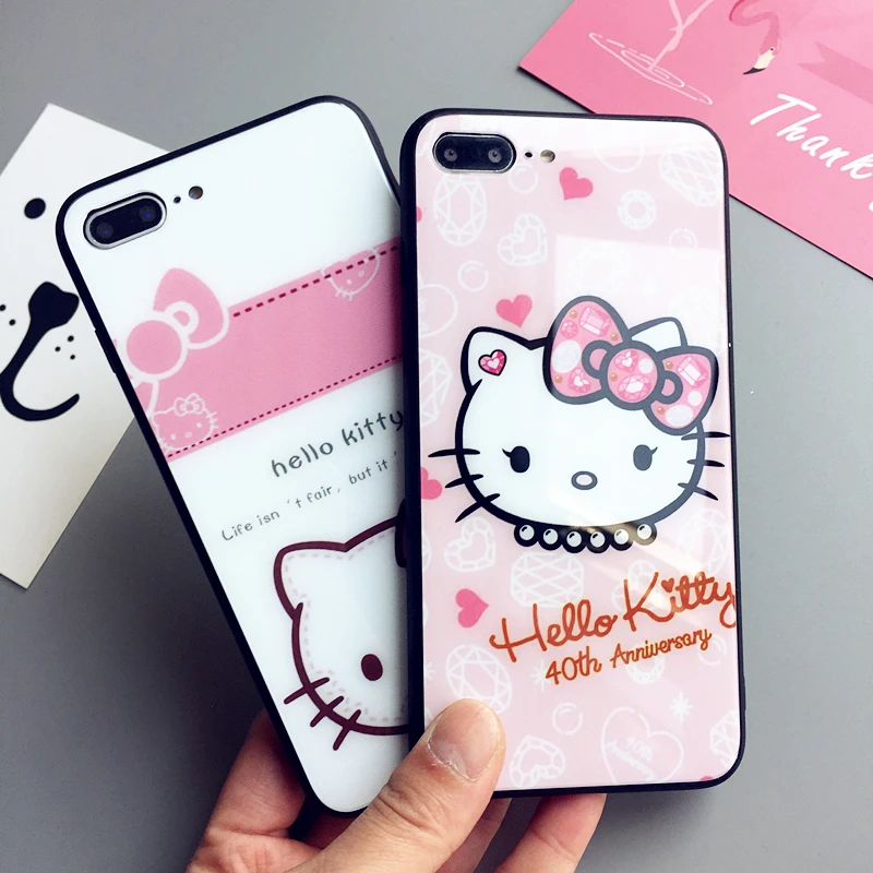 Стеклянная задняя чехол для iPhone 8 plus kitty + протектор экрана мультфильм Милый Котик