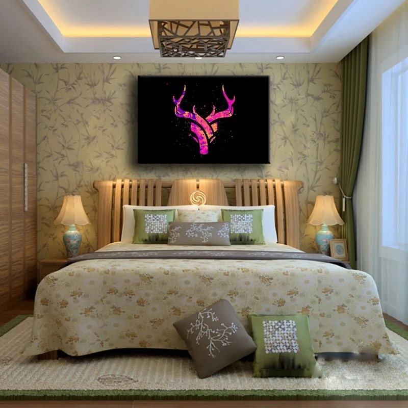 Canvas Print Painting Home Decor 1 Piece Artistic Abstract Deer Horns Pictures Pink Elk Animal Poster Living Room Wall Art Frame | Дом и сад