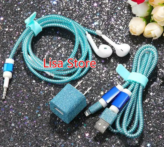 Free 10 Sets Bling Bling DIY Wire Rope Protection Suit Spring Earphone Cable Cord Set DIY Charger Sticker for Cell Phone iPhone