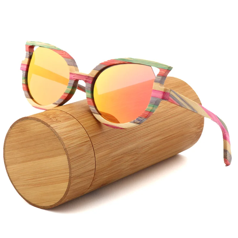 

luxury Fashion cat eyes ladies sunglasses polarized for men and women color bamboo sun glasses travel with wood glasses box