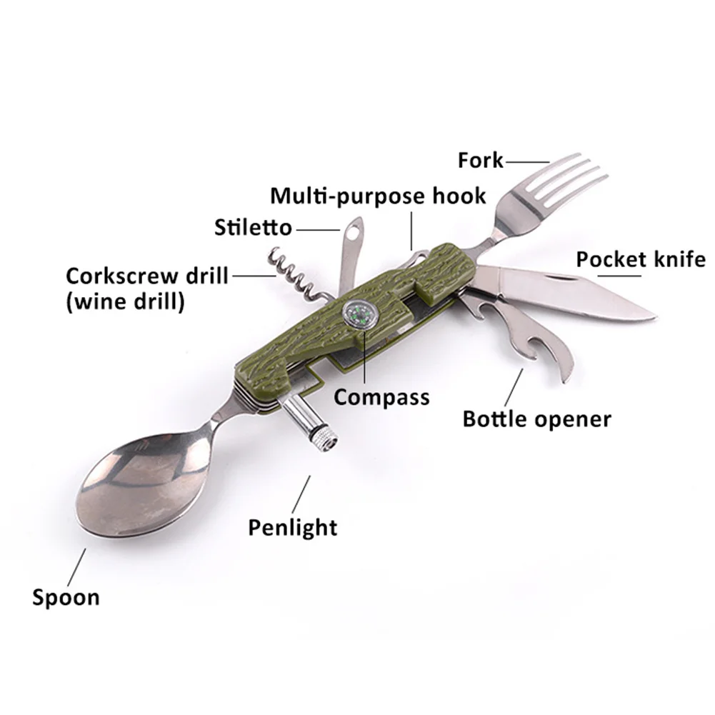 

Outdoor Camping Stainless Steel Tableware Portable Folding Picnic Spoon Fork Bottle Opener Multi-functional Tableware