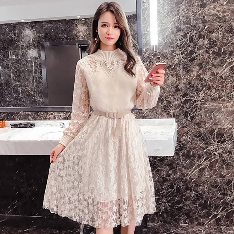 

Dress Women 2018 Autumn Winter Lace Patchwork Dresses Female Casual High Waist Long Sleeve Beautiful Party Dress AIYANGA