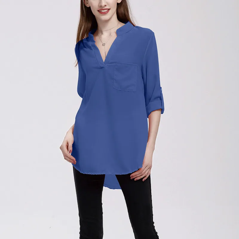 Женская блузка большого размера с v образным вырезом длинным рукавом карманом