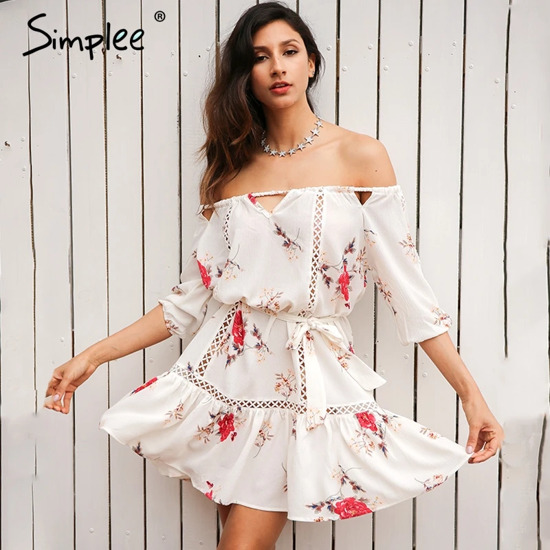 Simplee с открытыми плечами выдалбливать летнее платье свободные цветочные печати