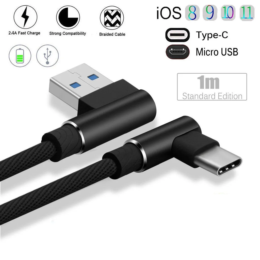 90 градусов USB 8 Pin/Type C/Micro кабель для Android Быстрая зарядка L зарядного устройства iphone