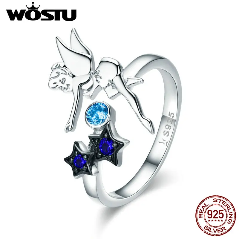 WOSTU 925 пробы Серебряная Фея и звезды кольцо Голубой цирконий регулируемые