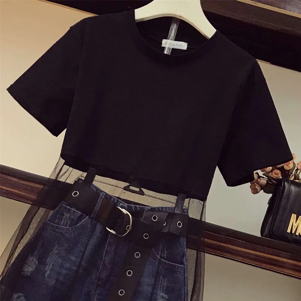 S-XL уличный джинсовый костюм летний женский сетчатый пэчворк футболка платье+ джинсовые шорты с кисточками комплект из 2 предметов с поясом