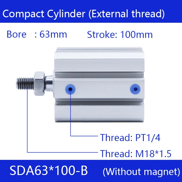 

SDA63*100-B 63mm Bore 100mm Stroke External thread Compact Air Cylinders Dual Action Air Pneumatic Cylinder