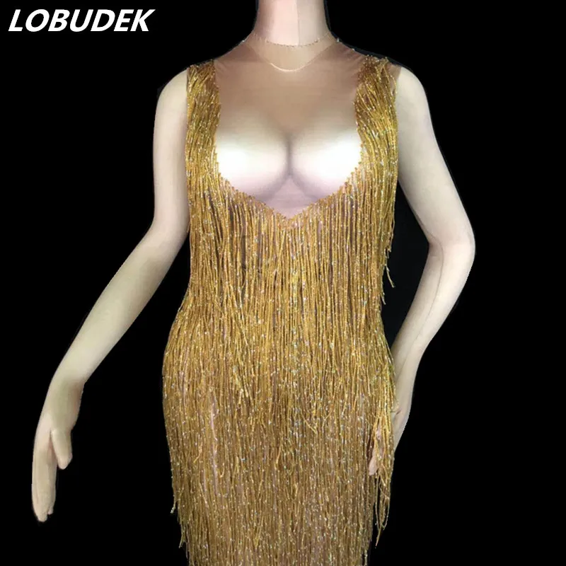

Sparkly Crystals Gold Tassels Long Dress Women Singer Models Host Stage One Piece Sexy Nightclub Bar Performance Dance Costume
