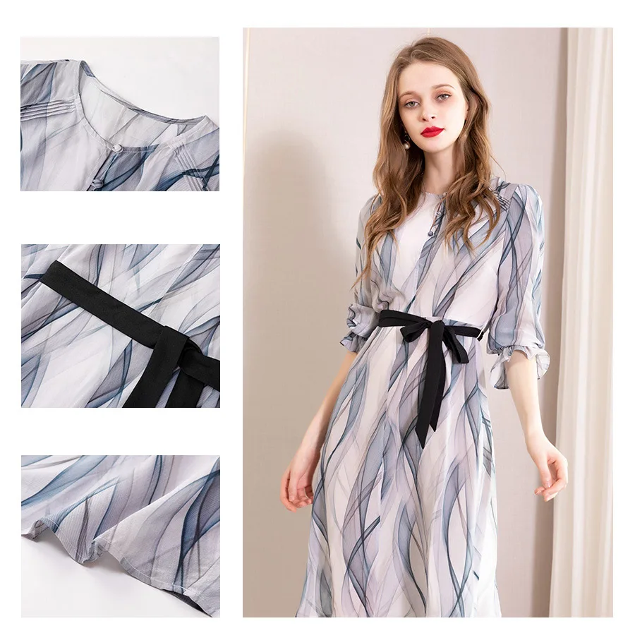 Dress Women Silk Fabric A-Line Dropped Waist Design O Neck Half Sleeve Sashes Elegant Long Dress Fashion