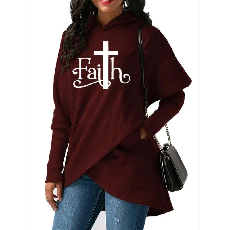 New 2018 Fashion Faith Print Sweatshirt Women Hoodies Kawaii PocketsLong Sleeve Pullover Cross Embroidery Casual | Женская одежда
