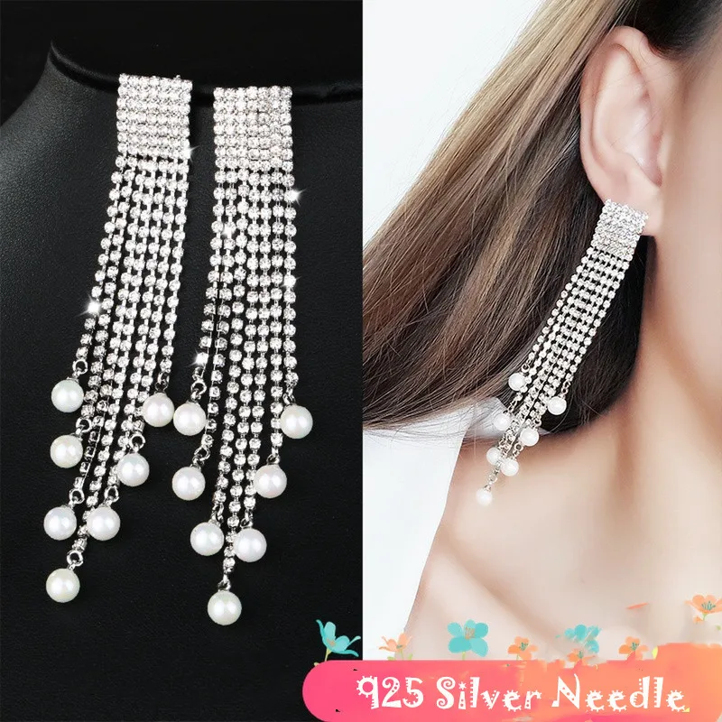 Роскошные Длинные серьги со стразами и искусственным жемчугом с кисточками для