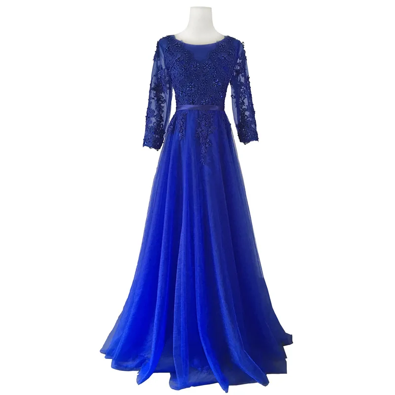 Navy Blue Длинные горячее предложение, v-образная горловина, вечернее платье вечерние платья с фатиновой юбкой аппликации бусины с открытой спиной Вечерние платья со шлейфом шифоновые сексуальные платья для выпускного вечера - Цвет: Navy Blue